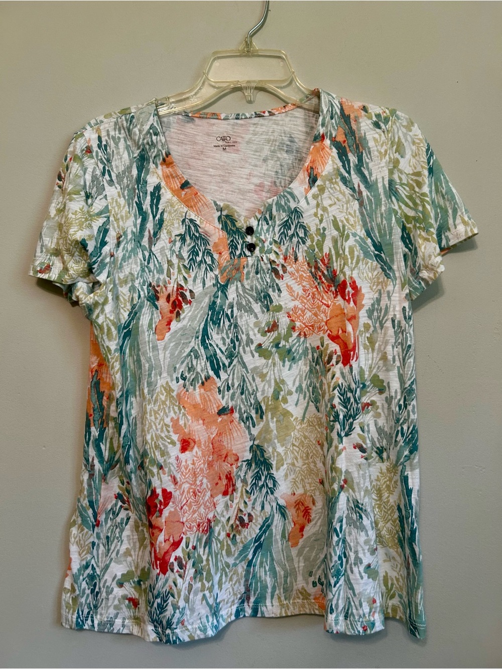 Cato Coral, Teal & Olive Floral V-Neck Short Sleeve Top
